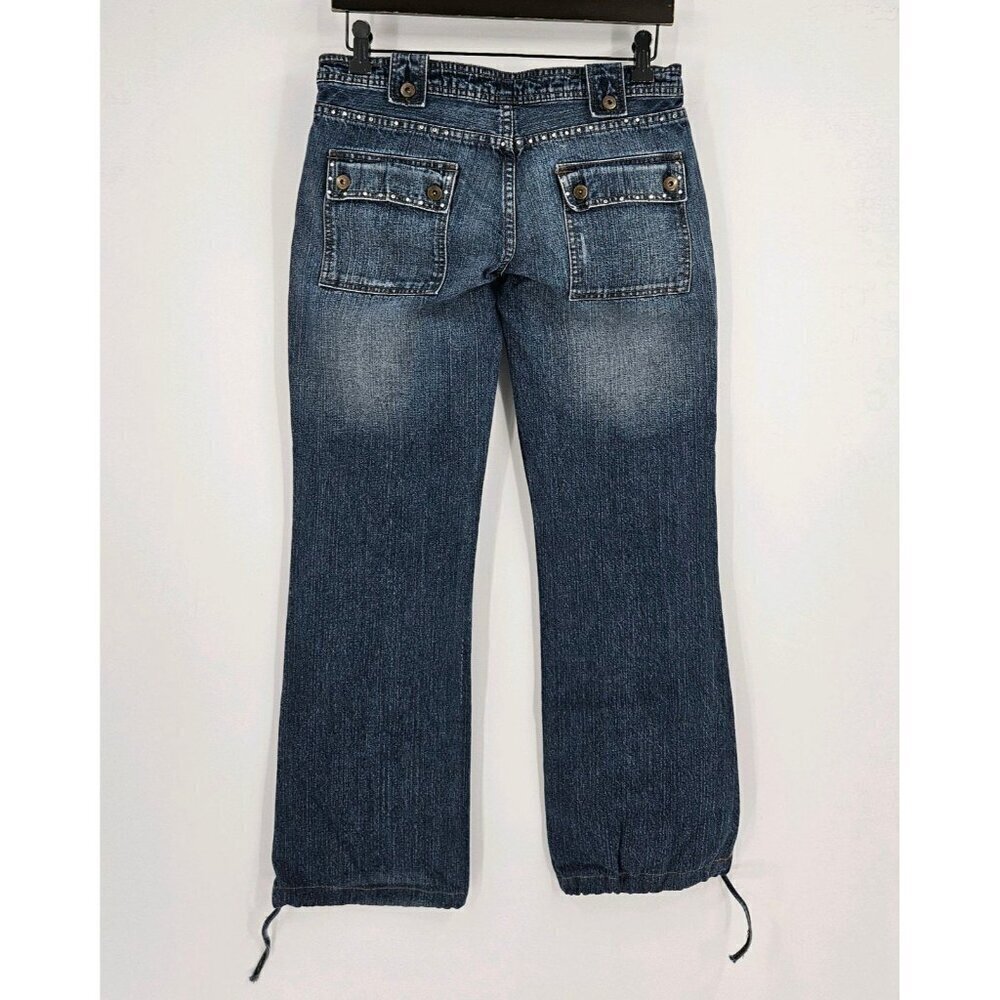 Tenghong Women 30" Waist Relaxed Fit Dark Wash Drawstring Hem Studded Highlights - Picture 2 of 6